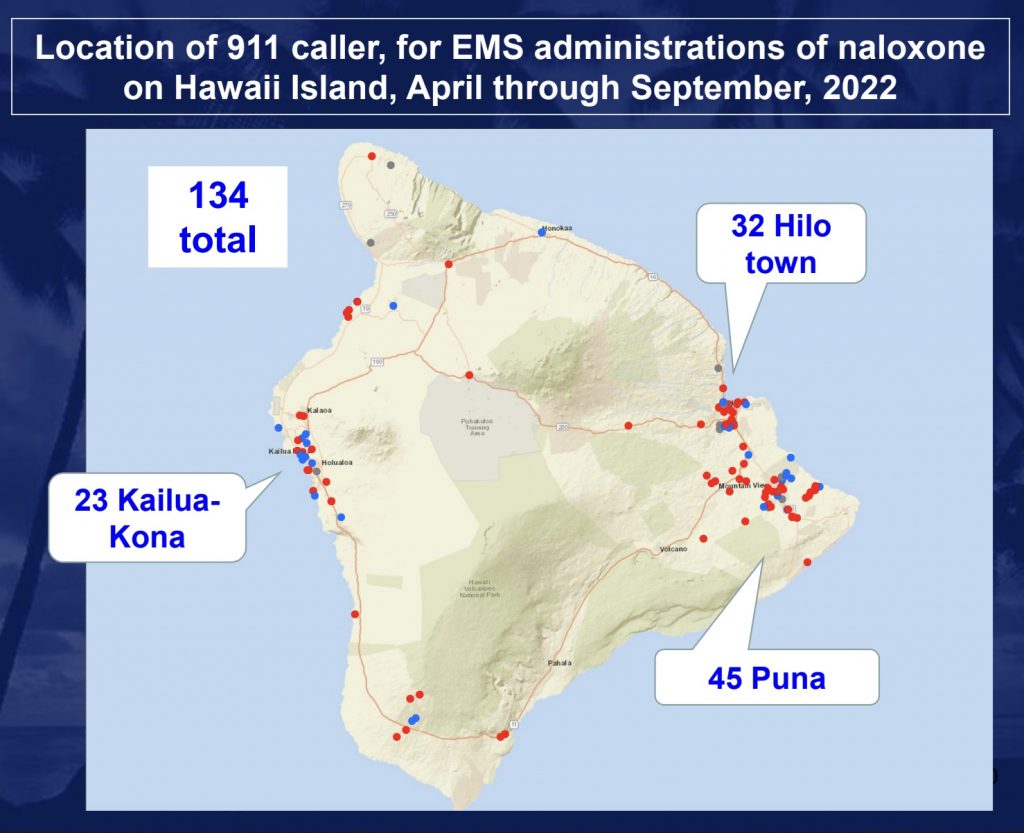 Map of Hawaii's big island with locations of 911 calls where Narcan was administered.