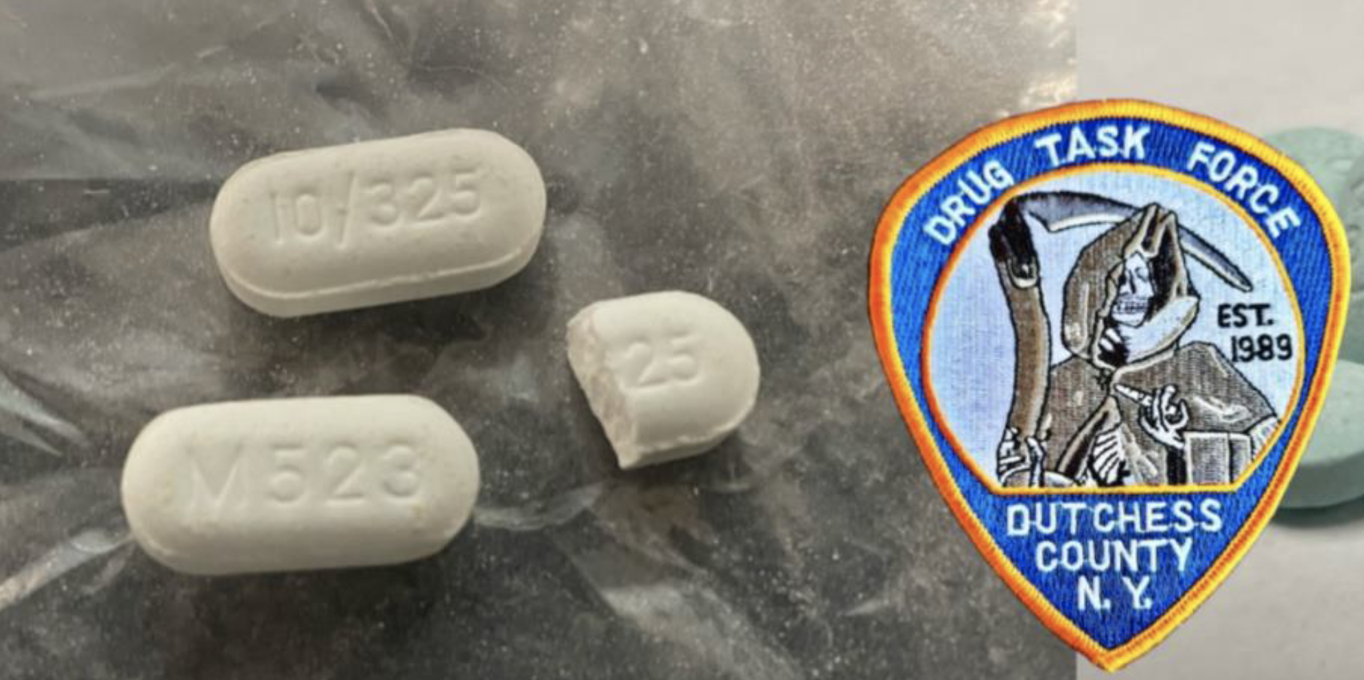 White, oblong shapes oxycodone pills next to a county seal.