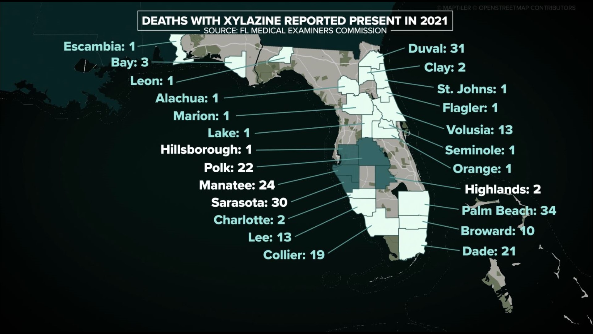 Map of Florida showing deaths by county,