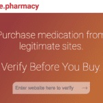 screenshot of search box from safe.pharmacy website. Text: Purchase medication from legitimate sites. Verify Before You Buy.