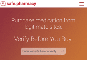 screenshot of search box from safe.pharmacy website. Text: Purchase medication from legitimate sites. Verify Before You Buy.