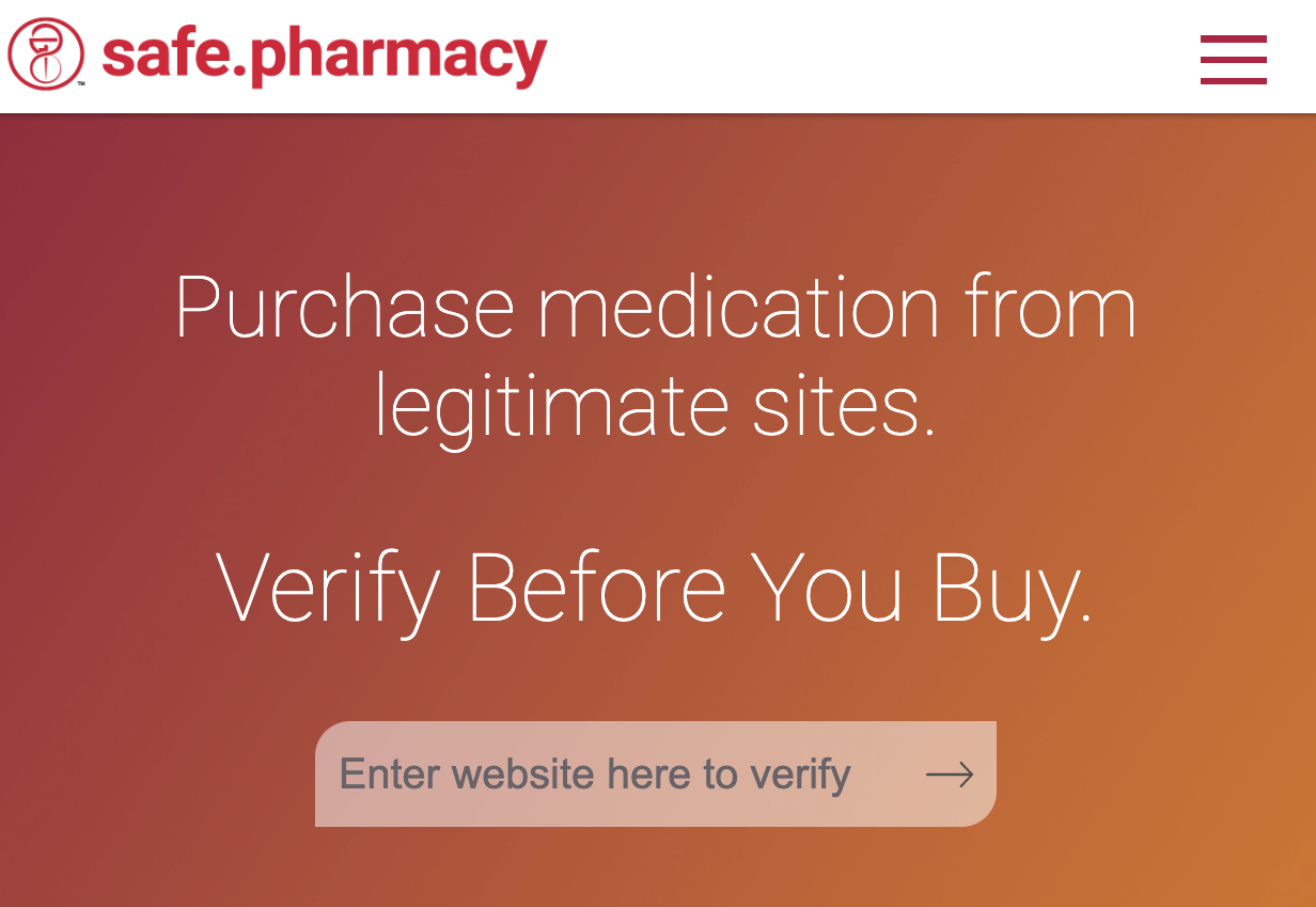 screenshot of search box from safe.pharmacy website. Text: Purchase medication from legitimate sites. Verify Before You Buy.