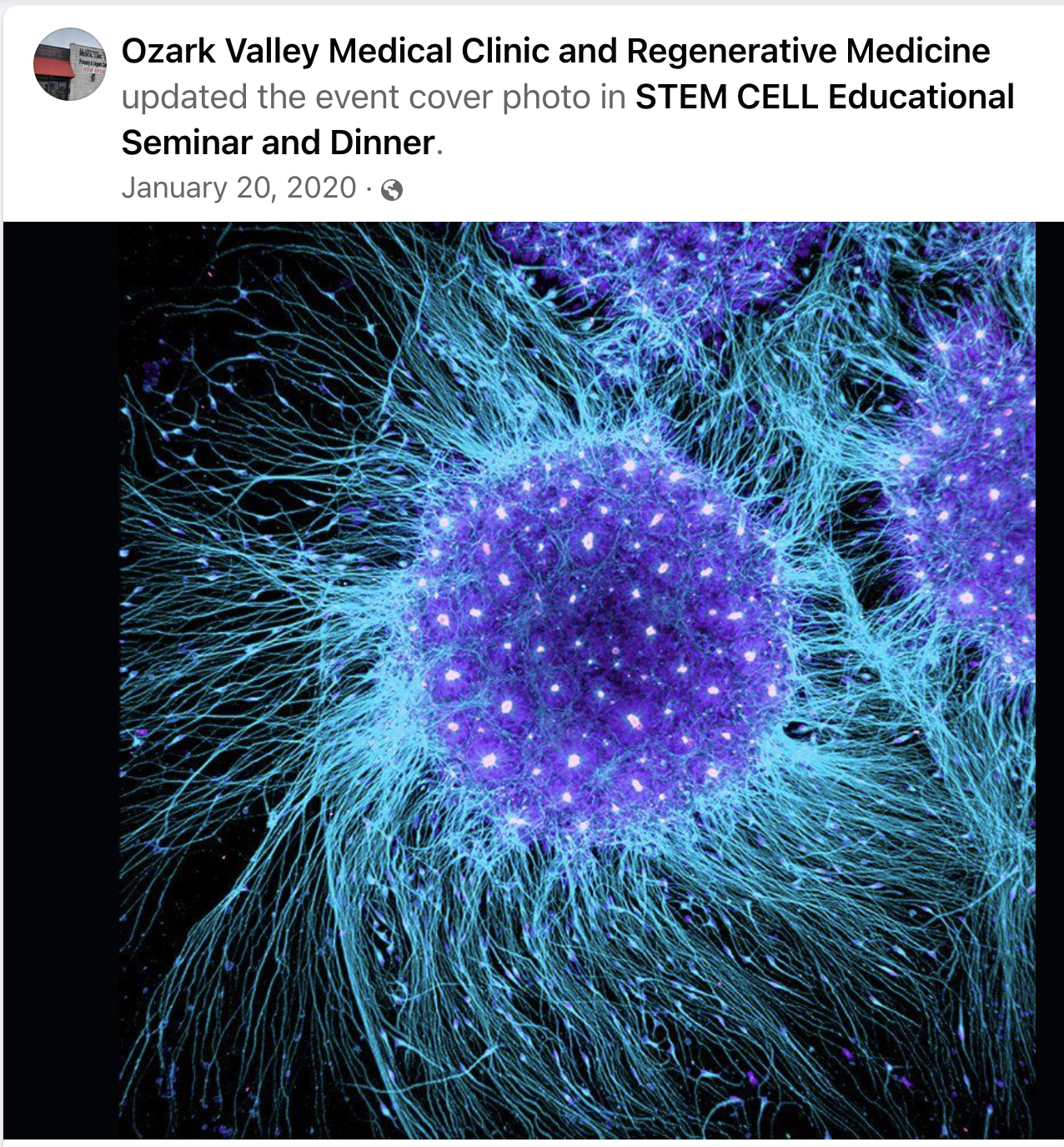 Screenshot of a facebook at with a vivid purple and turquoise depiction of a virus