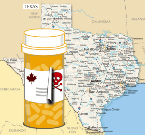 Map of Texas with prescription pill bottle to the left. The bottle a label with a maple leaf that's peeling away to reveal a skull and crossbones.