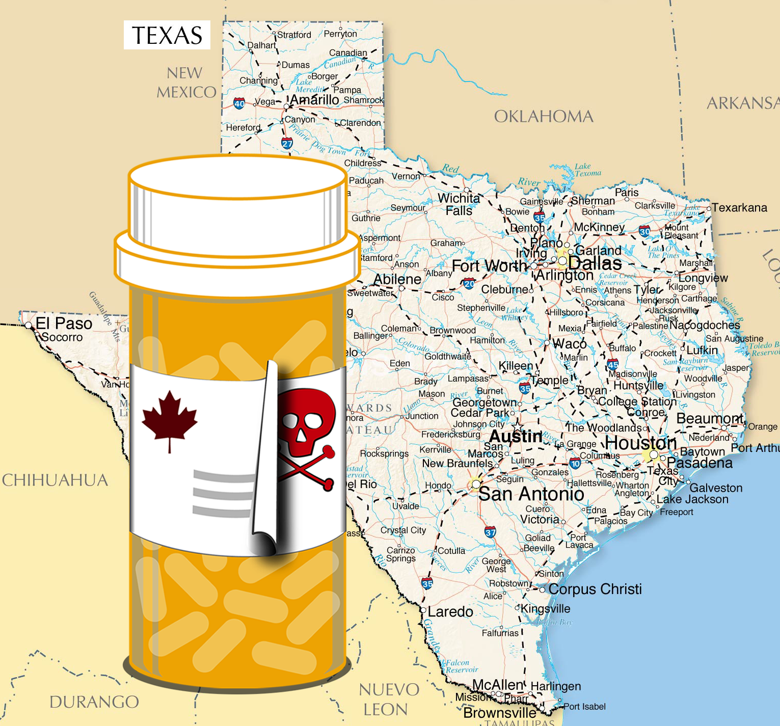 Map of Texas with prescription pill bottle to the left. The bottle a label with a maple leaf that's peeling away to reveal a skull and crossbones.