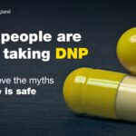 poster with large yellow capsules that reads "More people are dying after taking DNP"