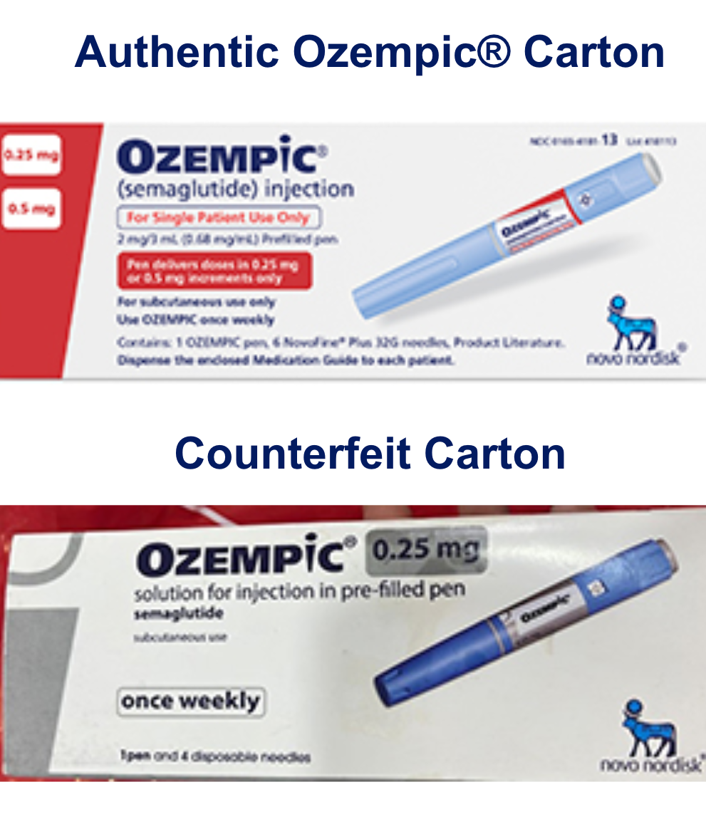 Images of real and fake Ozempic cartons