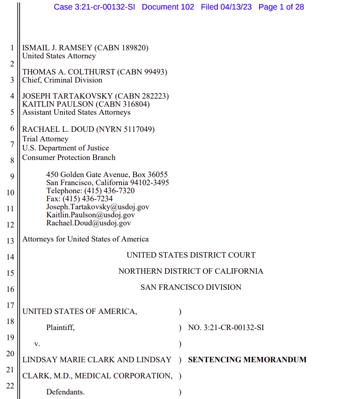 the first page of the sentencing memo in USA v Lindsay Marie Clark and Lindsay Clark MD Medical Corporation