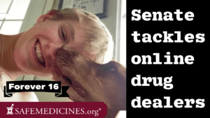 A photo of a boy--Cooper Davis--smiling while a dog nuzzles him with a black caption that reads Forever 16 and a title - Senate Tackles Online Drug Dealers