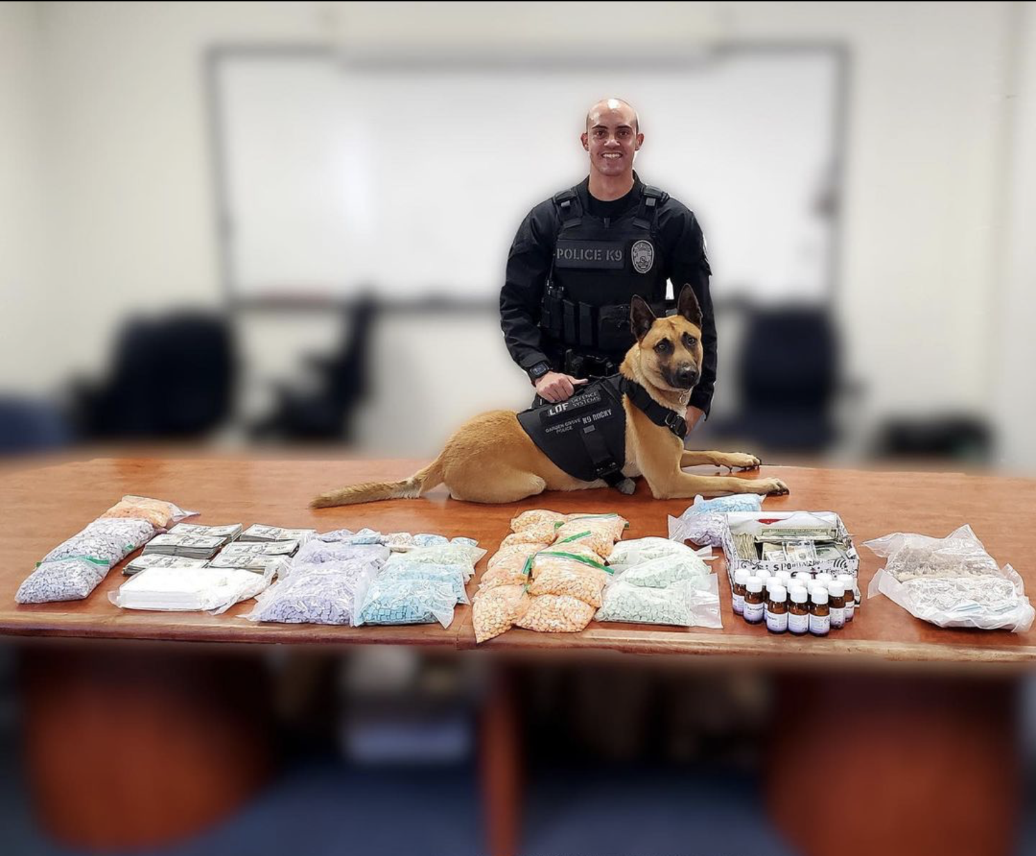 A police dog and an officer pose behind a table full of drugs