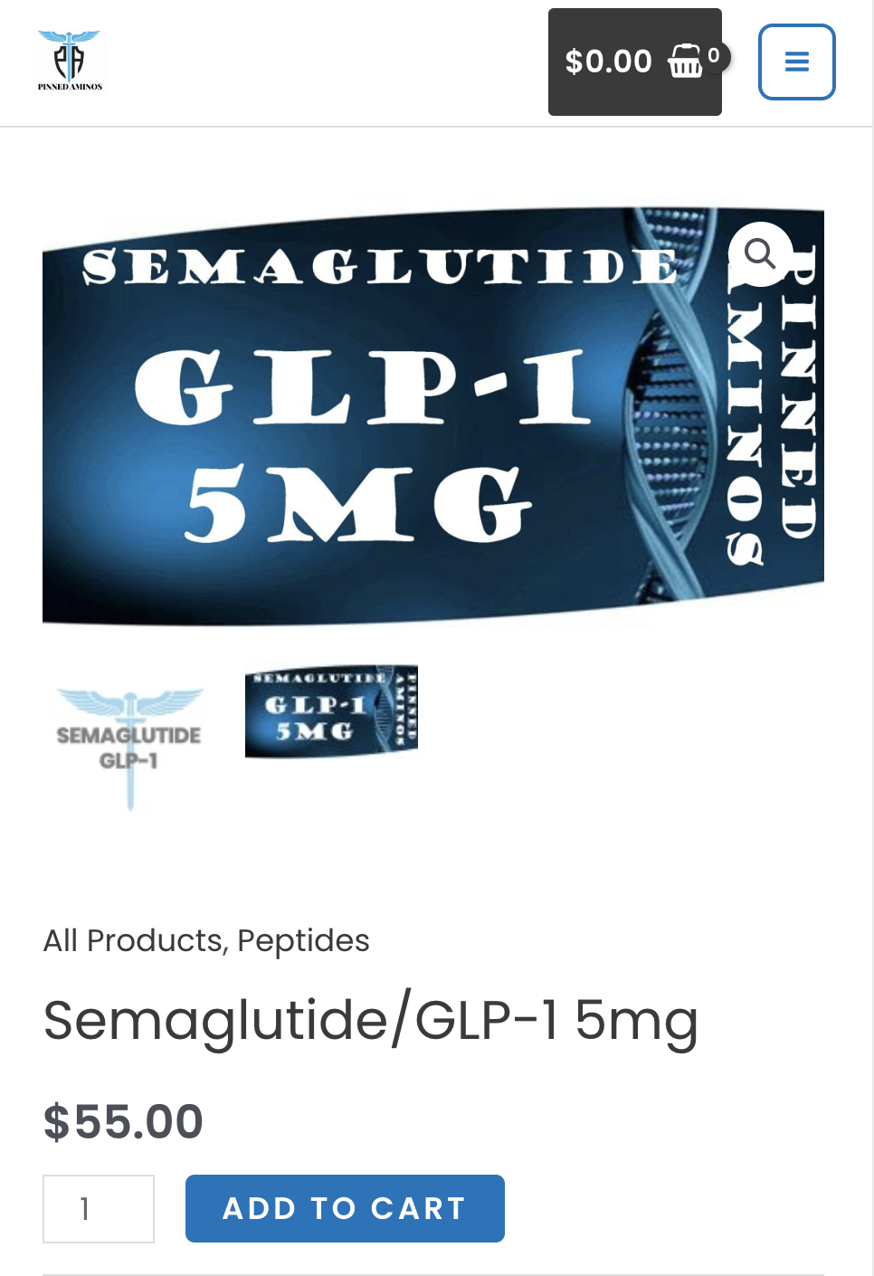 A screenshot of an ecommerce page selling semaglutide