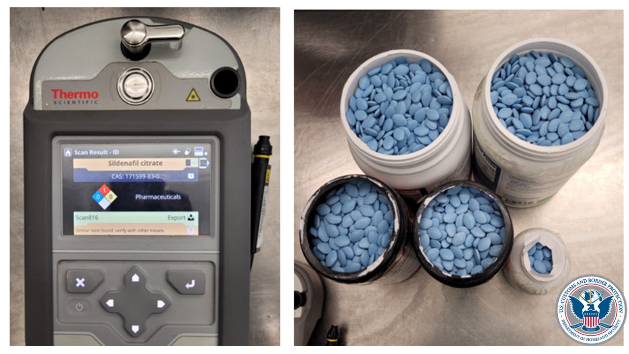 A scanner with a readout that says sildenafil citrate on the left. Uncapped medicine bottles showing blue pills in a separate photo on the right.
