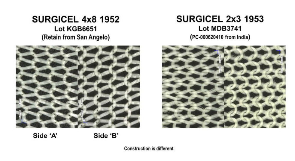 Side-by-side images of close ups of Surgicel