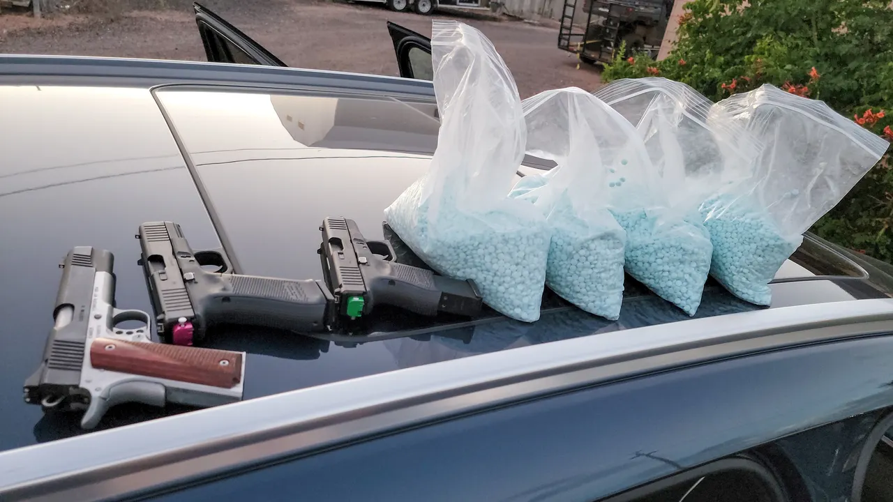 10.4 pounds of fentanyl pills and three guns seized in Payson, Arizona, August 2023 (Image: Arizona Department of Public Safety)