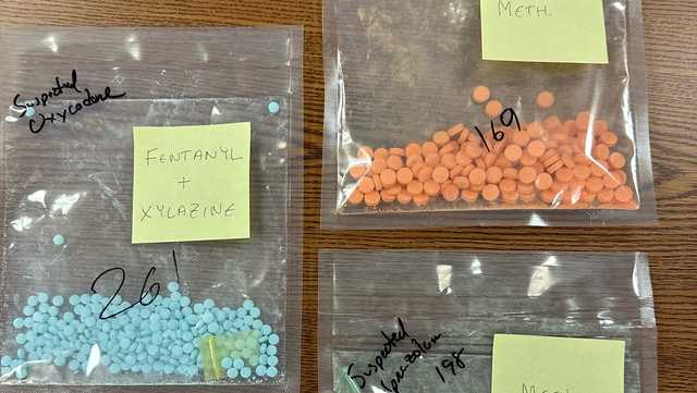 Counterfeit pills seized in Portland, Maine, August 2023.
