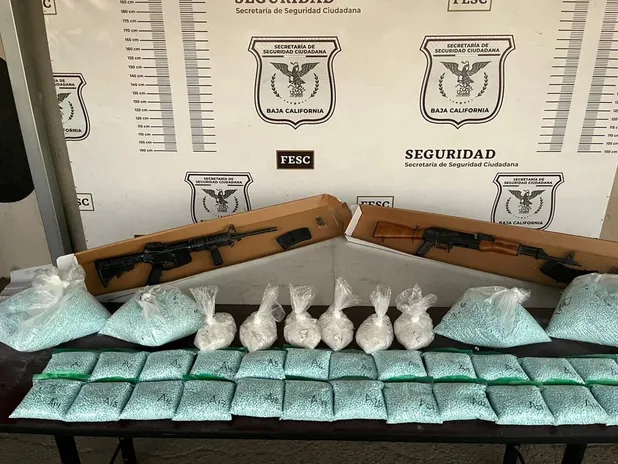 Fentanyl pills in bags laid out on a table