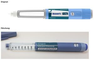 a comparison of real and fake Ozempic pens sold in Germany.