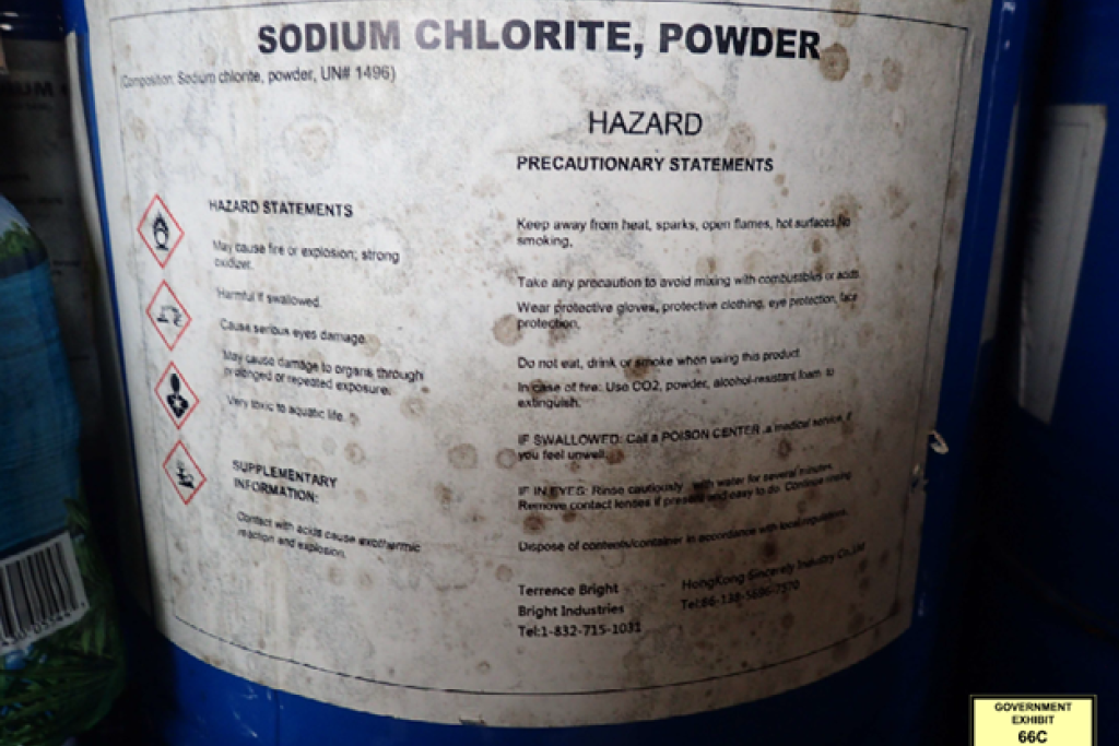 Label for a barrel of sodium chlorite powder with warning labels advising the product was toxic.
