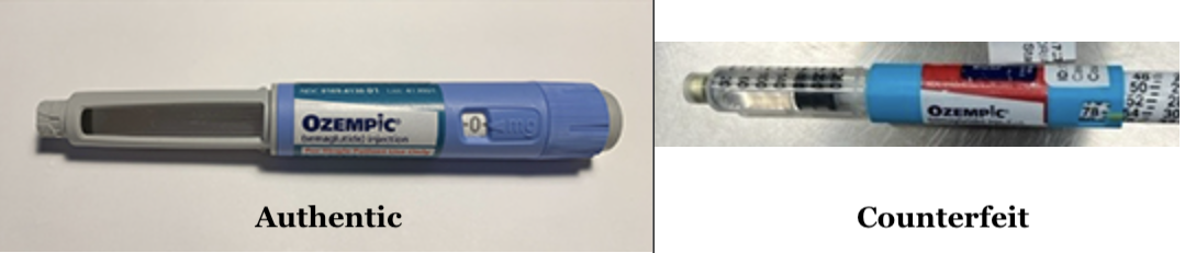 Examples of a real and a fake Ozempic pen, Novo Nordisk, June 2023