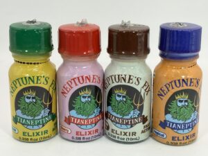 A closeup of brightly colored supplement bottles with 