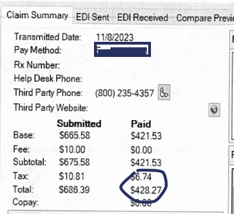 Reimbursement amount from the PBM