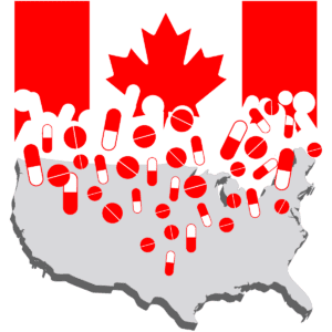 Image of Canadian flag dissolving into pills over a gray map of the USA