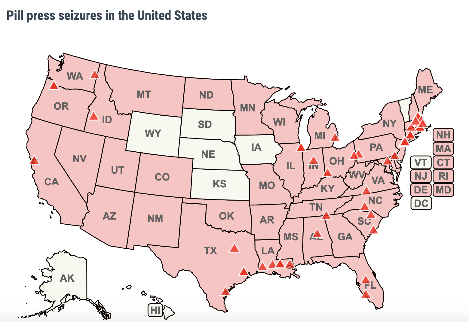 Map showing pill press seizures across the U.S. Only Wyoming, South Dakota, Nebraska, Kansas, Iowa, Alaska and Hawaii are unmarked