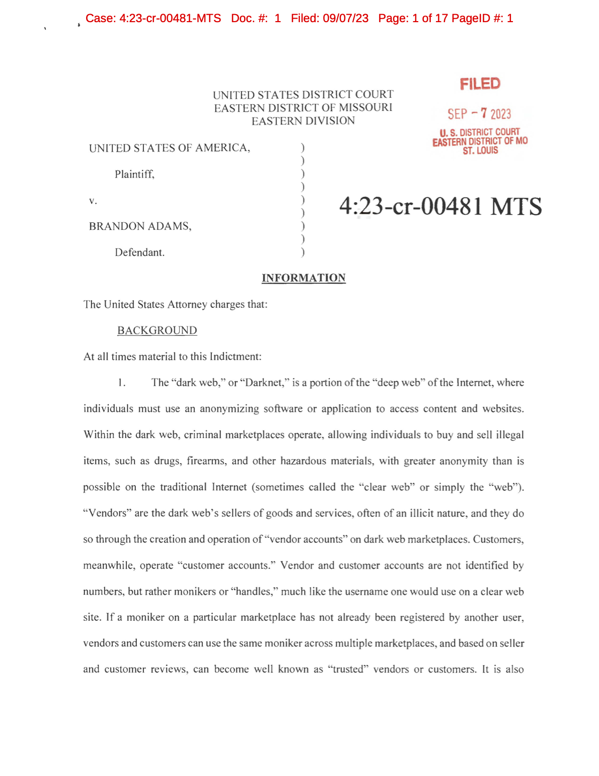 first page of Information for USA v Brandon Adams