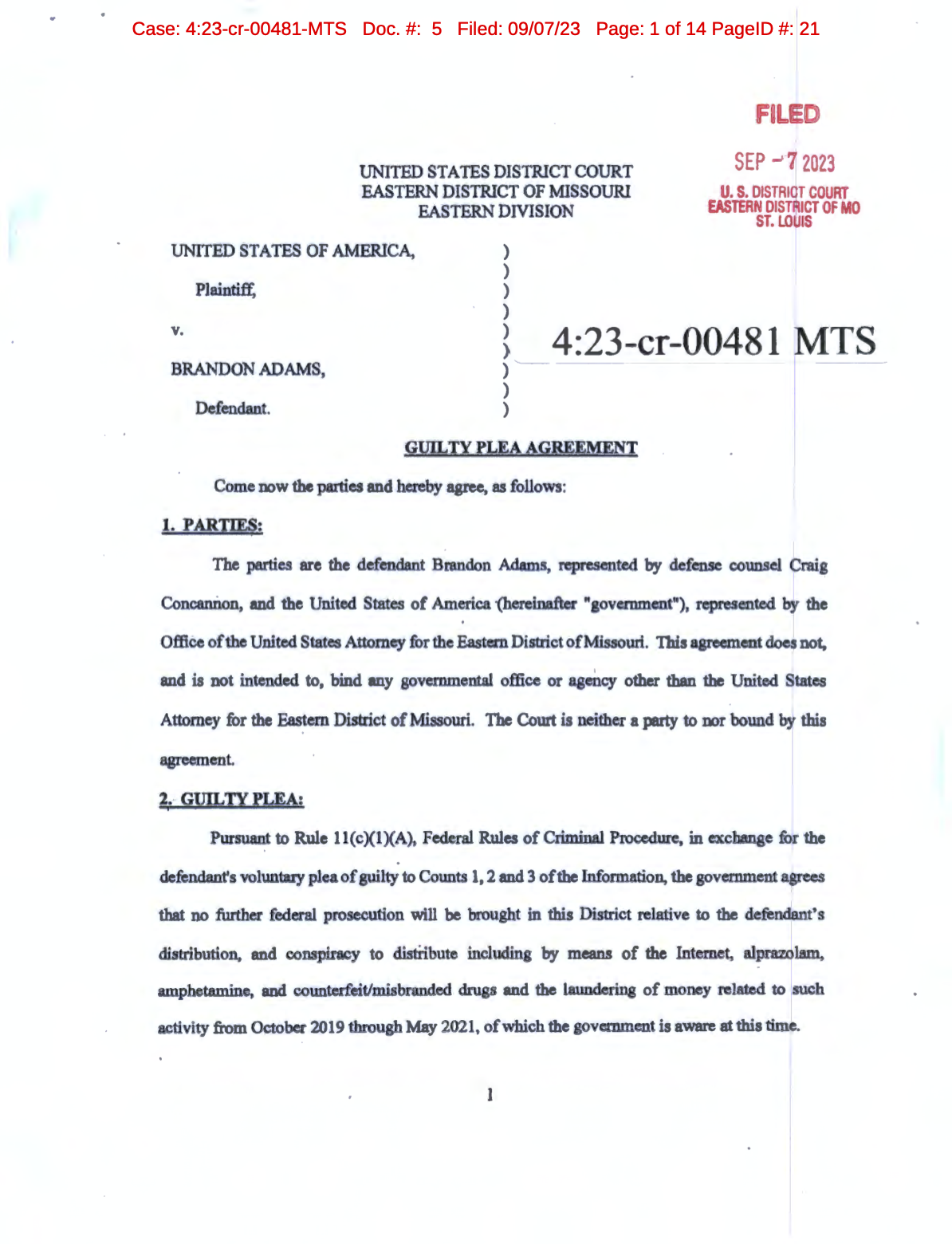 first page of Plea Agreement, USA v Adams