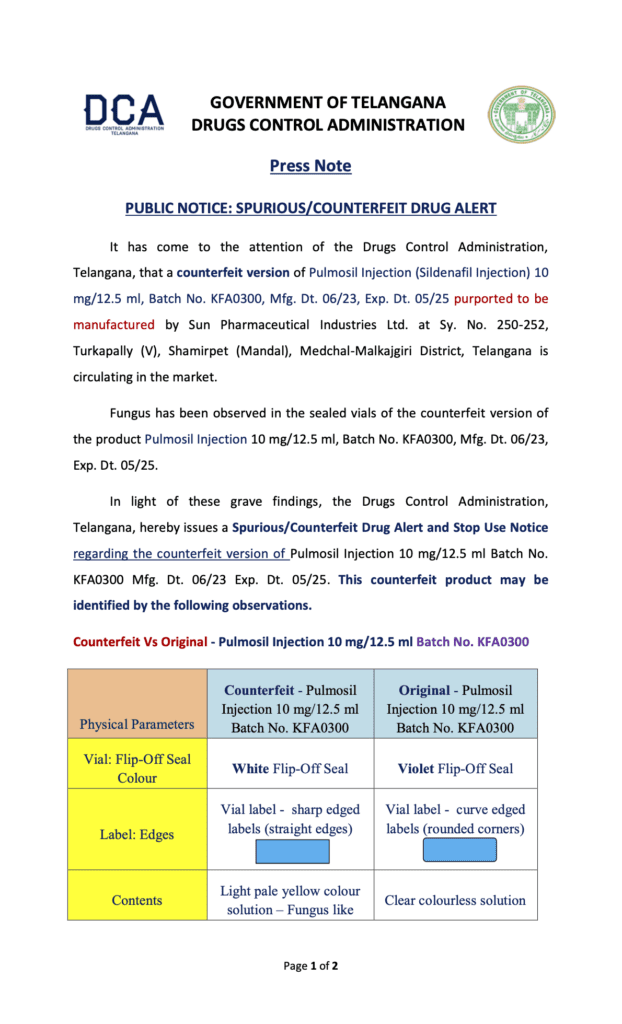 First page of a warning about a fake injection