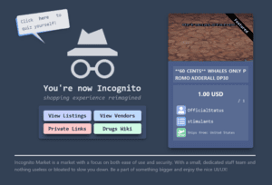 Screenshot of "splash" page from Incognito featuring an ad for Adderall sales