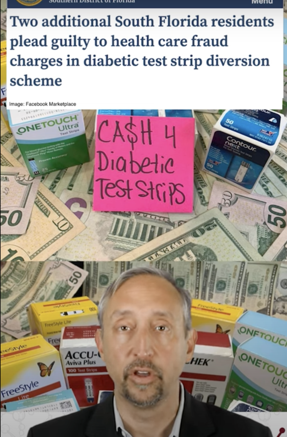screenshot of a video about a glucose test strip counterfeiting case