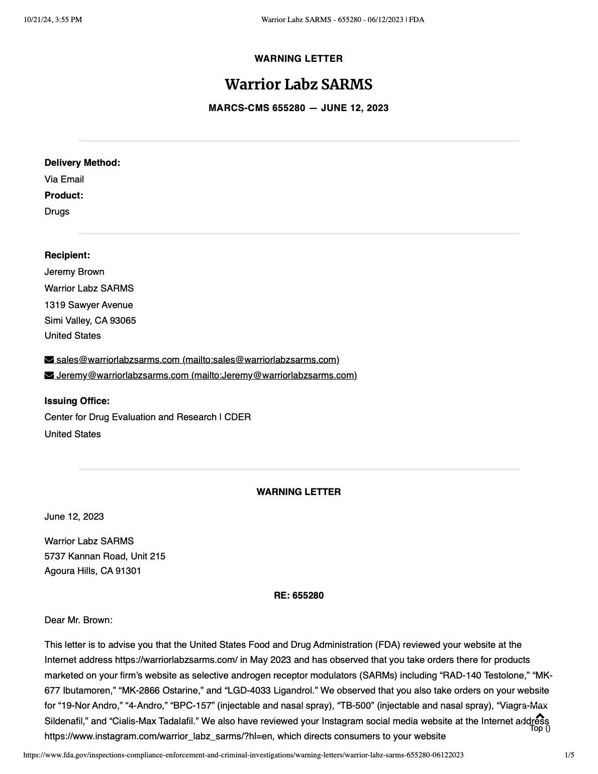 Warrior-Labz FDA warning letter to Warrior Labz, 2023