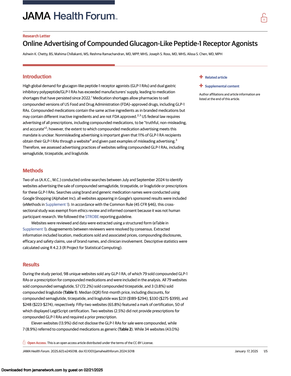 Front page of research letter: Online Advertising of Compounded Glucagon-Like Peptide-1 Receptor Agonists Ashwin K. Chetty, BS; Mahima Chillakanti, MS; Reshma Ramachandran, MD, MPP, MHS; Joseph S. Ross, MD, MHS; Alissa S. Chen, MD, MPH