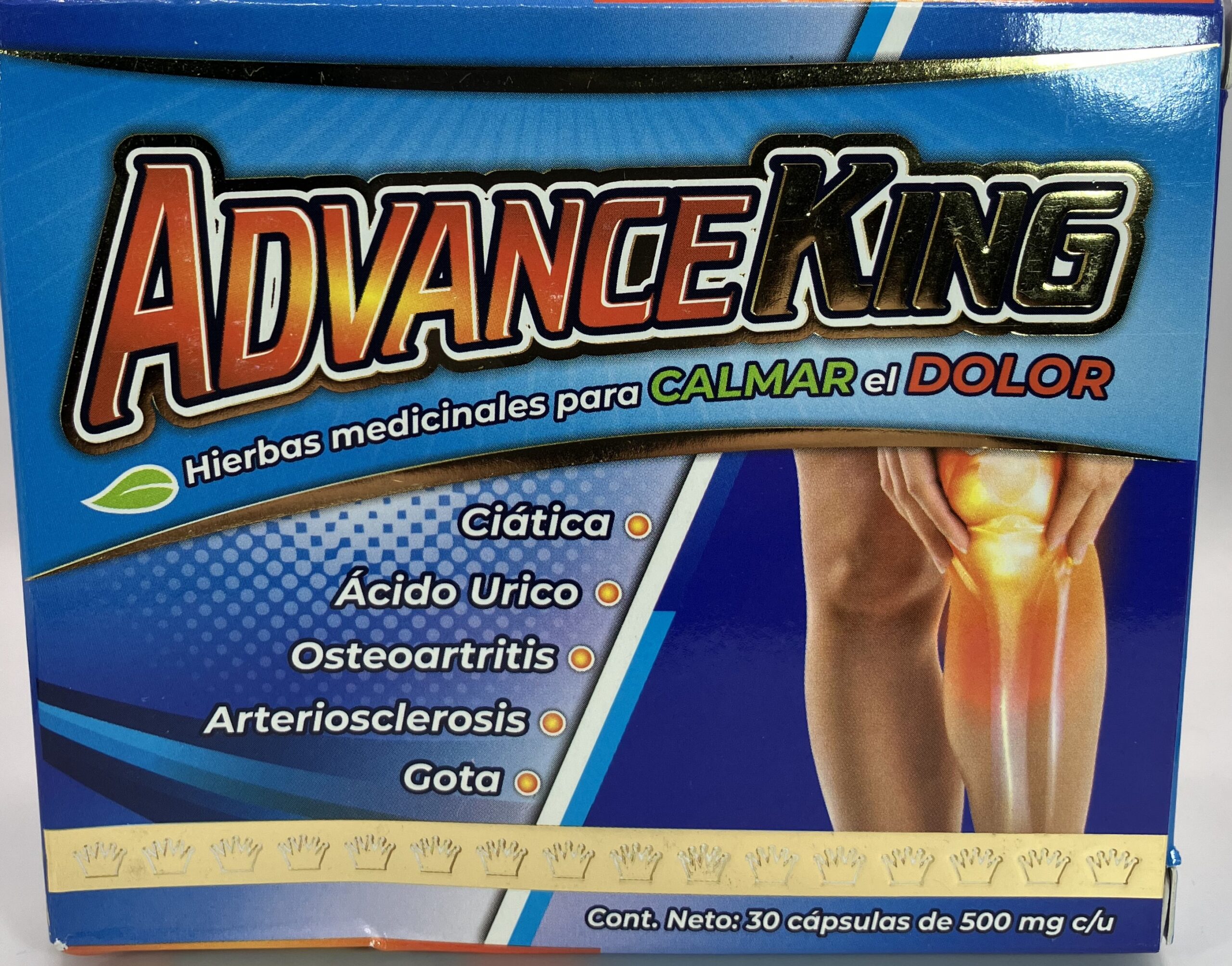 Package front of "Advance King" with Spanish labeling and a picture of a aching knee