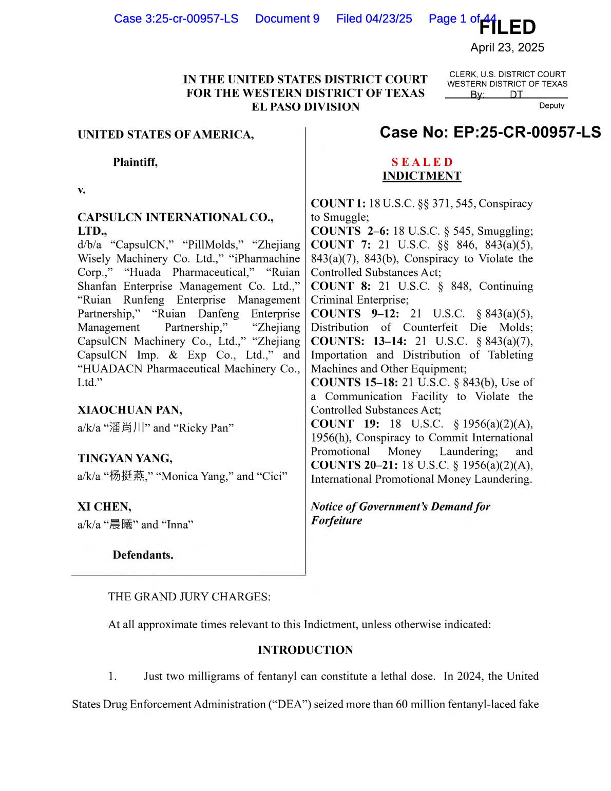 cover of a federal indictment