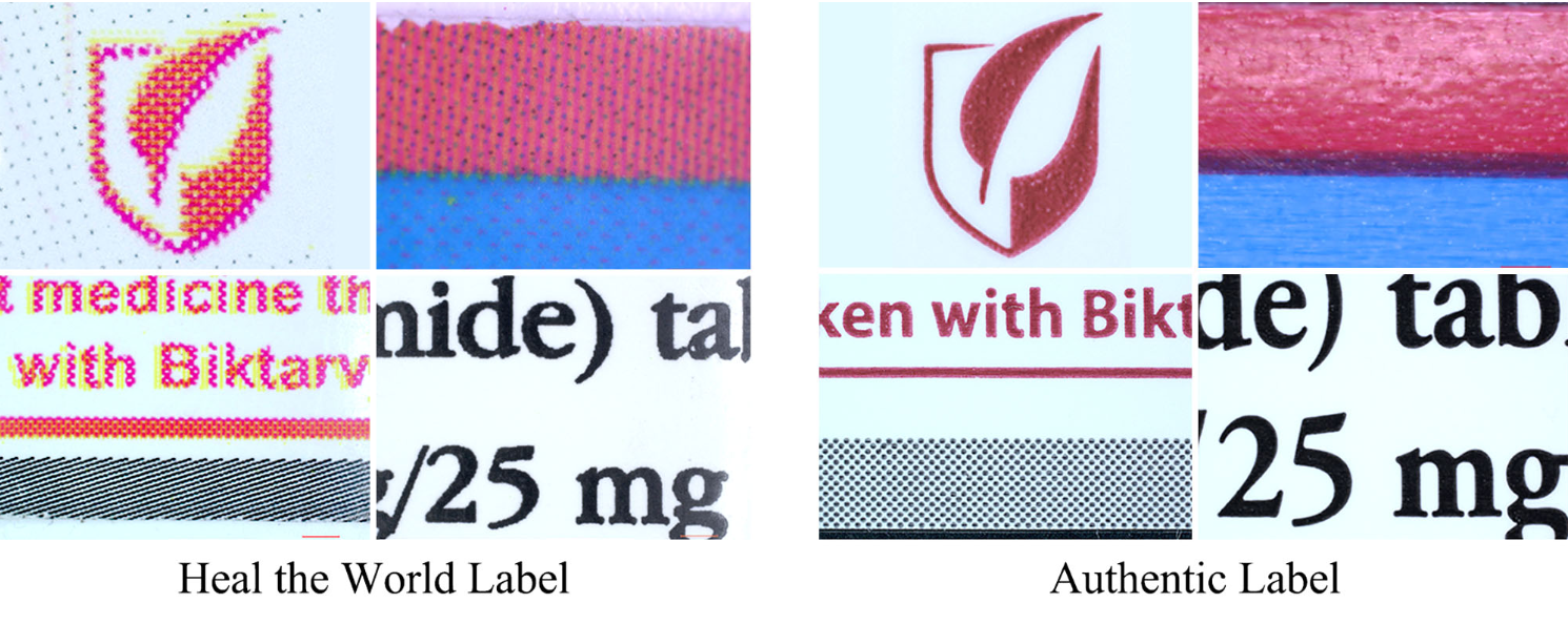 Close up of counterfeit label close up of counterfeit label, Gilead.v Heal the World