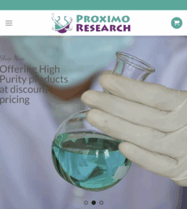 A website called Proximo Research showing a gloved hand and a flask of greenish liquid