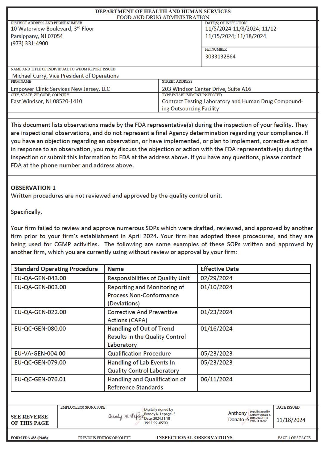 first page of a FDA form 483