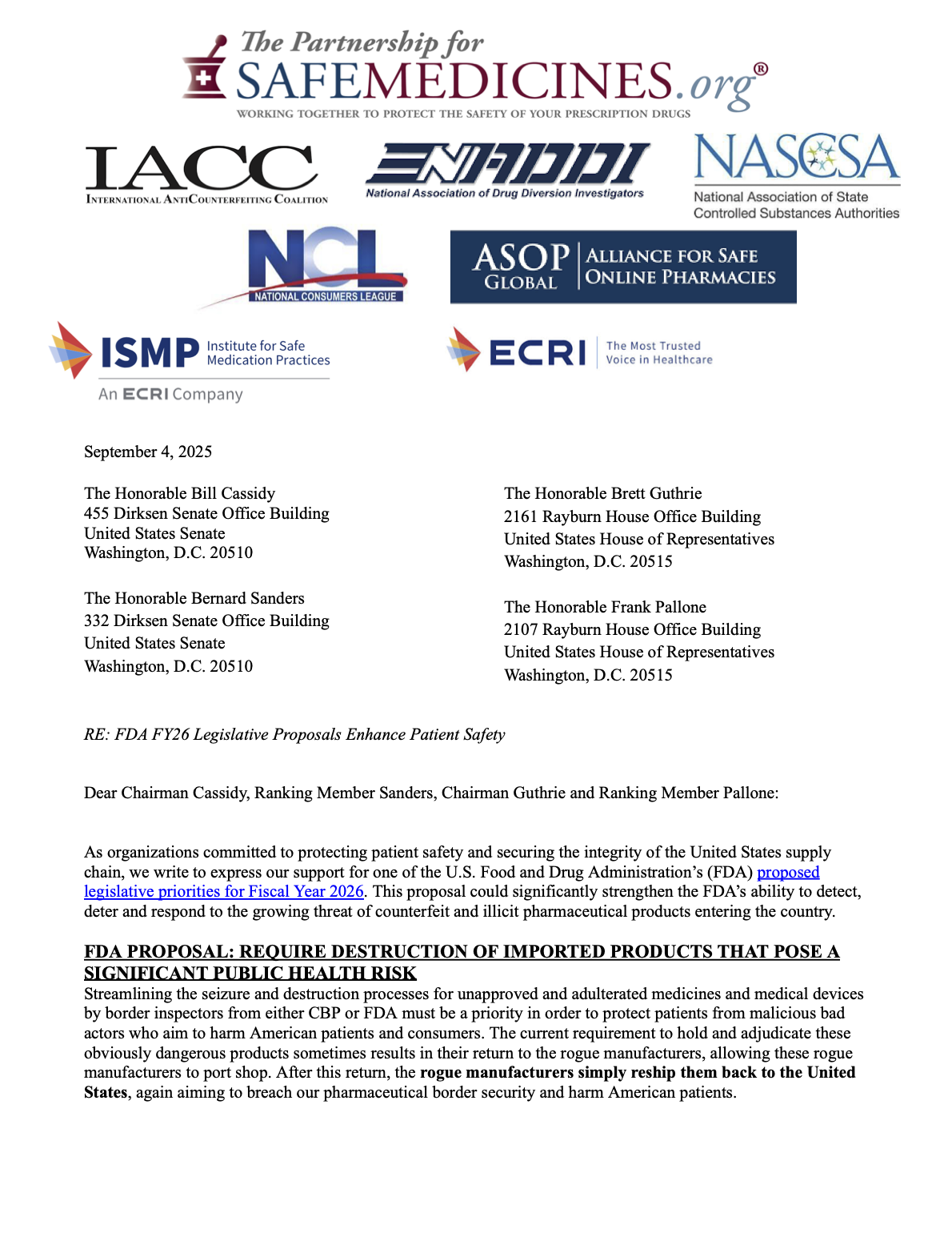 Image of first page of 9/4/2025 sign-on letter in support of FDA being permitted to mandate the destruction of high risk FDA-regulated items at the border.