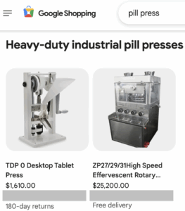 Pill press listings on Google Shopping from July 2025