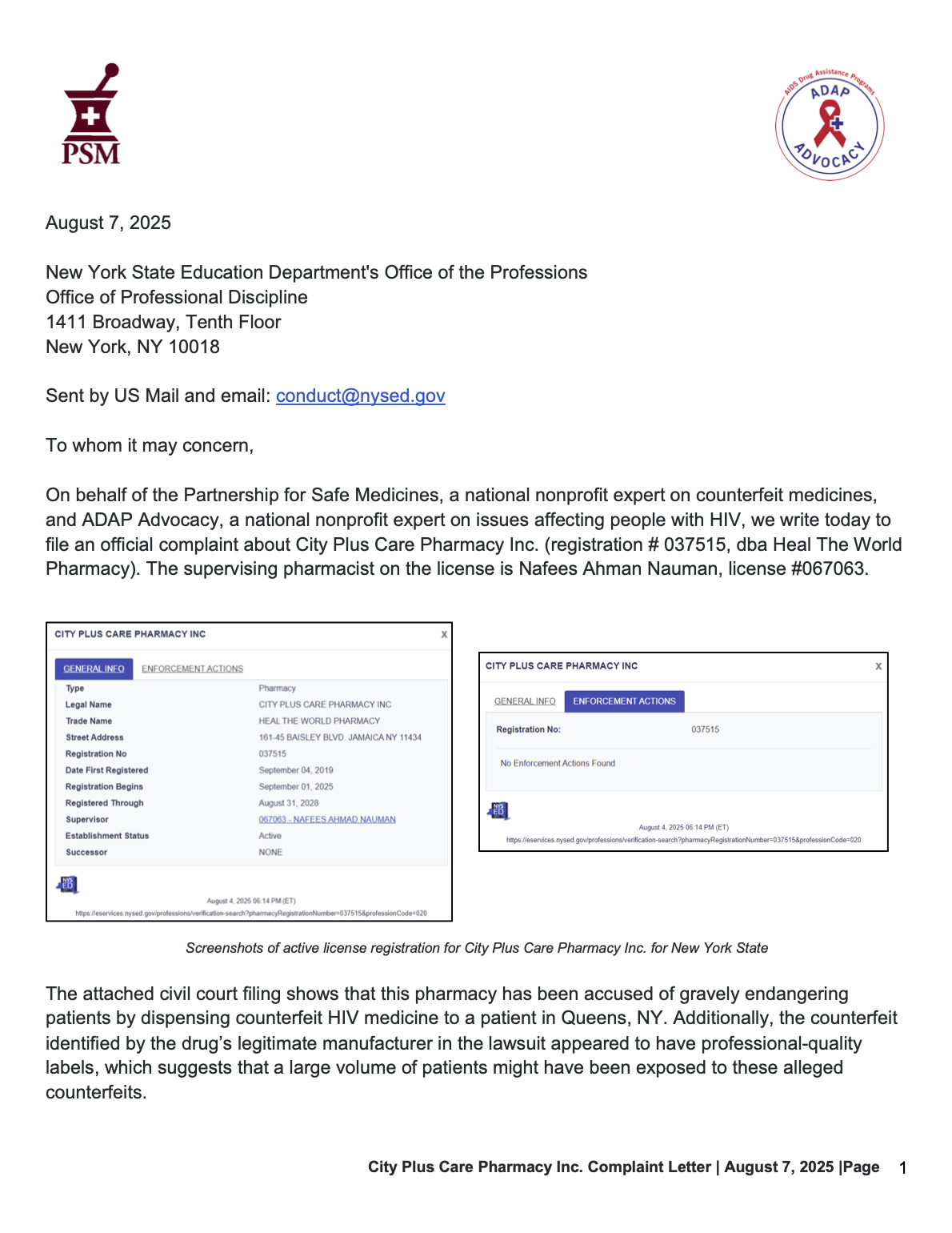 Letter from ADAP and PSM to NY Board of Pharmacy, August 7, 2025