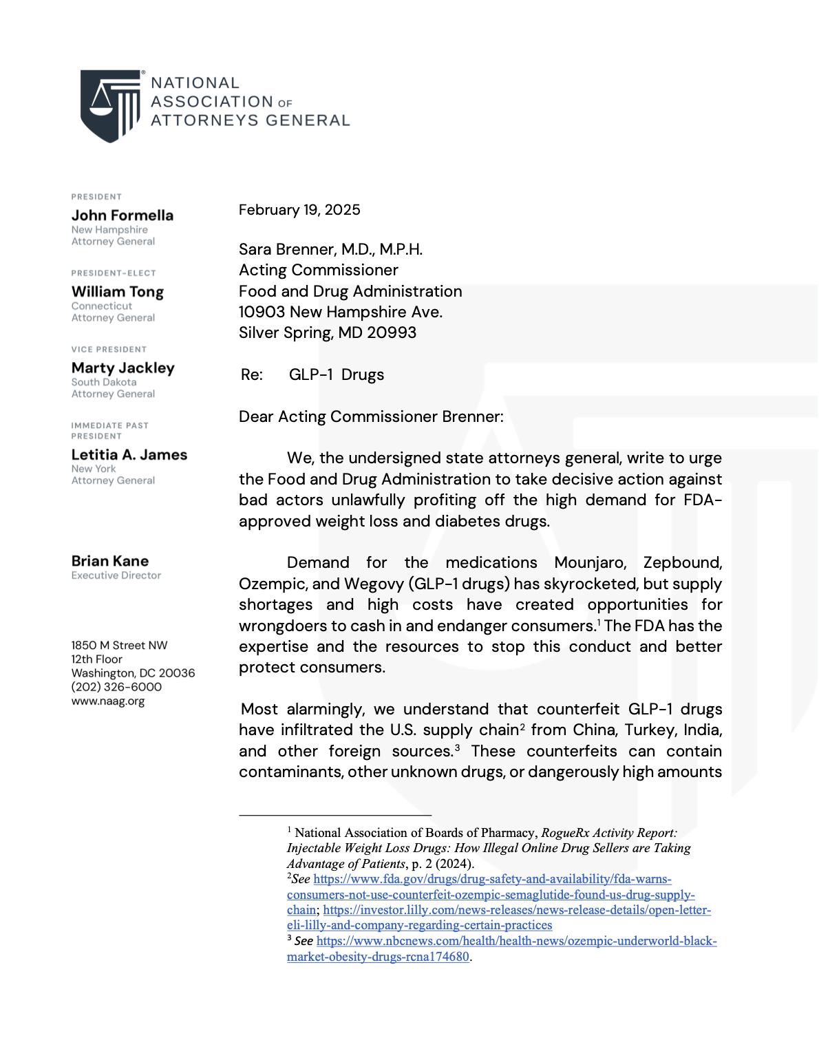 screenshot of A Feb 2025 letter from 38 State AGs urging FDA to act on the unlawful sale and distribution of counterfeit and illegally sold GLP-1 drugs