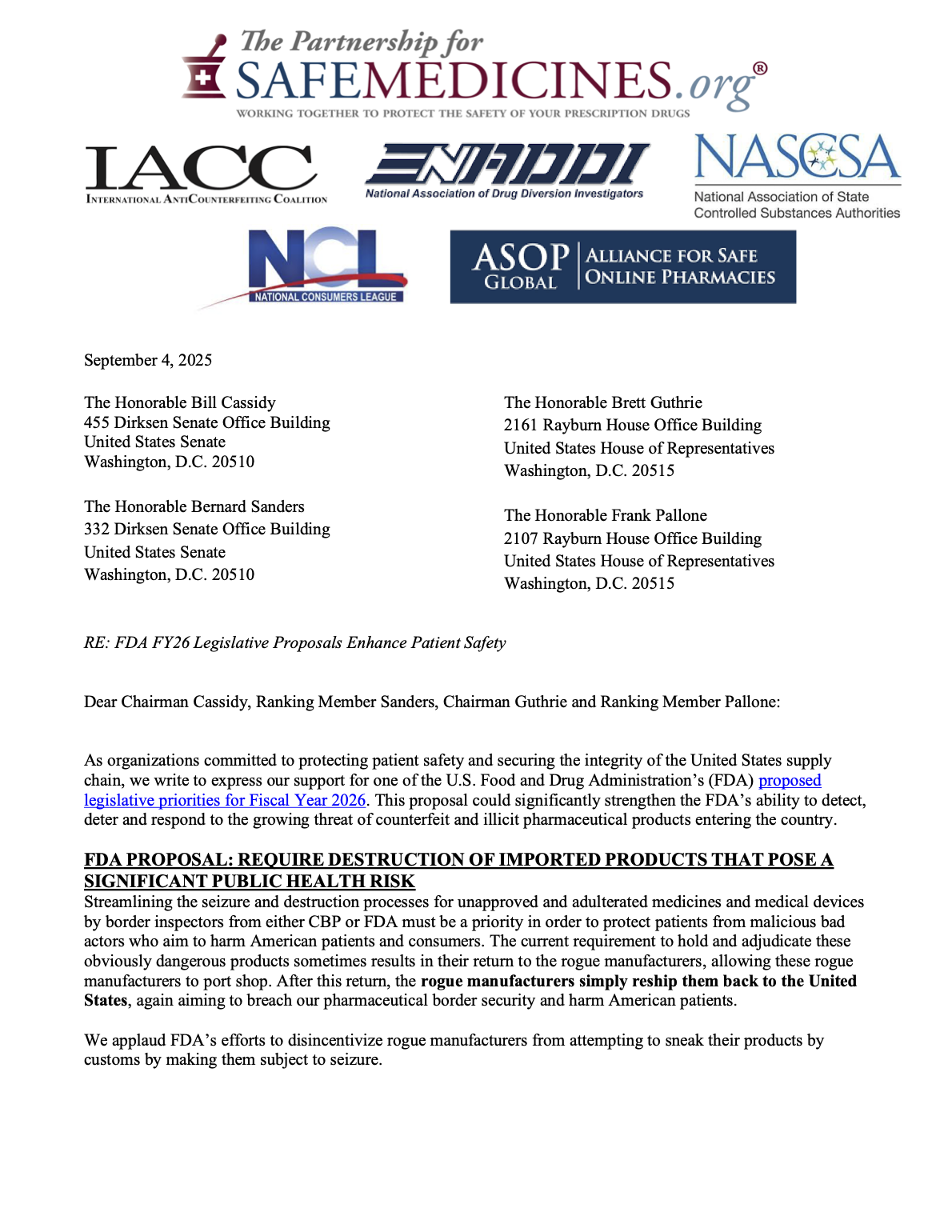 Image of first page of 9/4/2025 sign-on letter in support of FDA being permitted to mandate the destruction of high risk FDA-regulated items at the border.