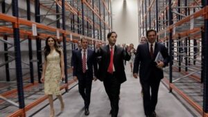 three men and a woman walking through a warehouse with empty shelves