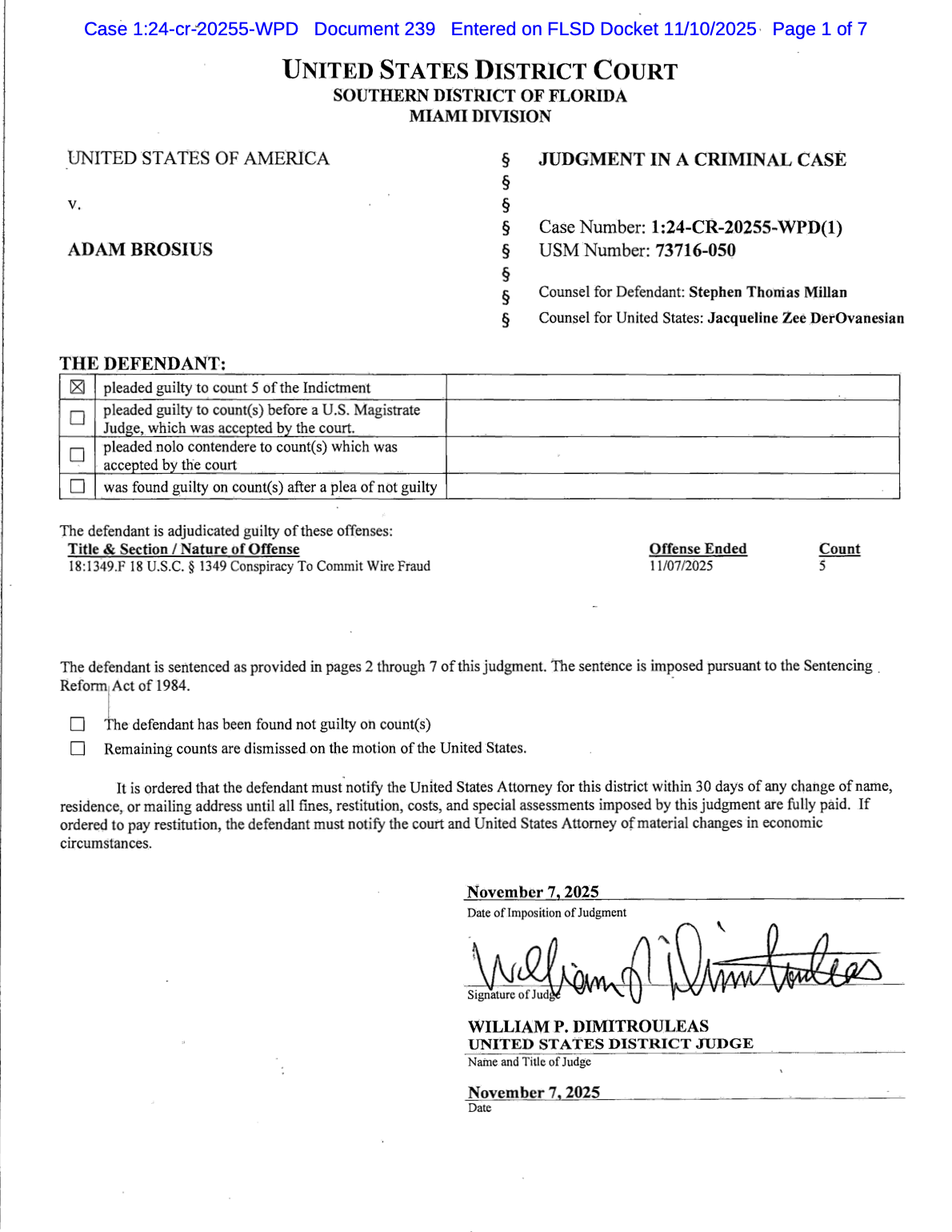 Judgment, USA v Adam Brosius, November 2025