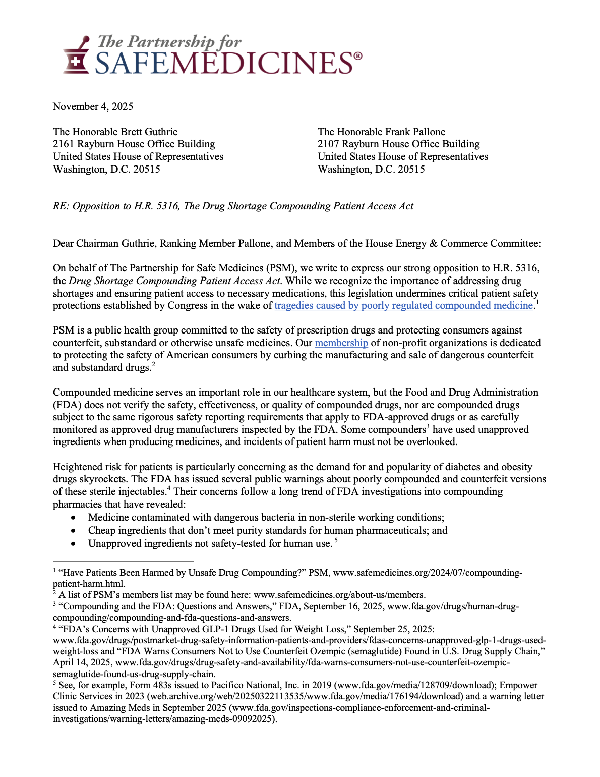 PSM Opposition to H.R. 5316, The Drug Shortage Compounding Patient Access Act