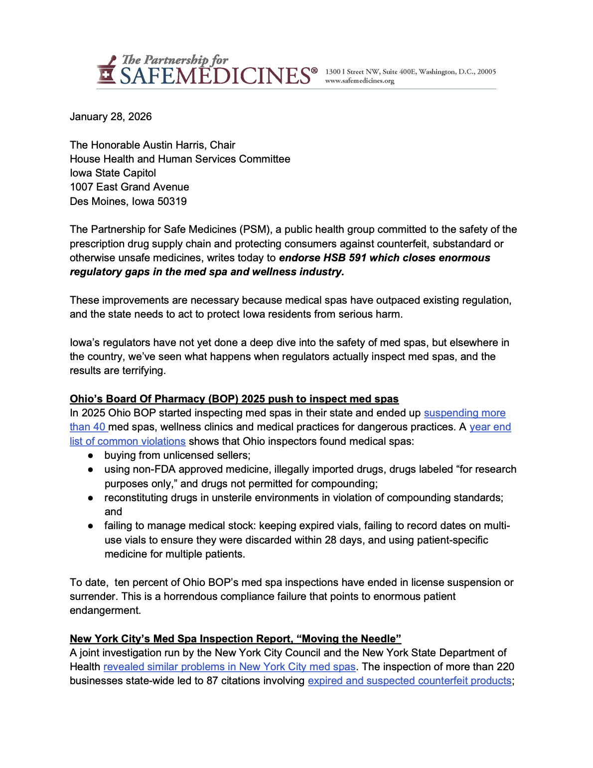 in support of Iowa's med spa oversight bill, January 2026