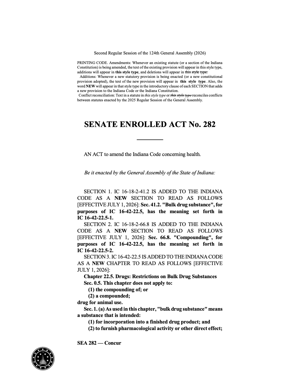 Indiana Senate Bill 282: Compounding drugs; registration of medical spas