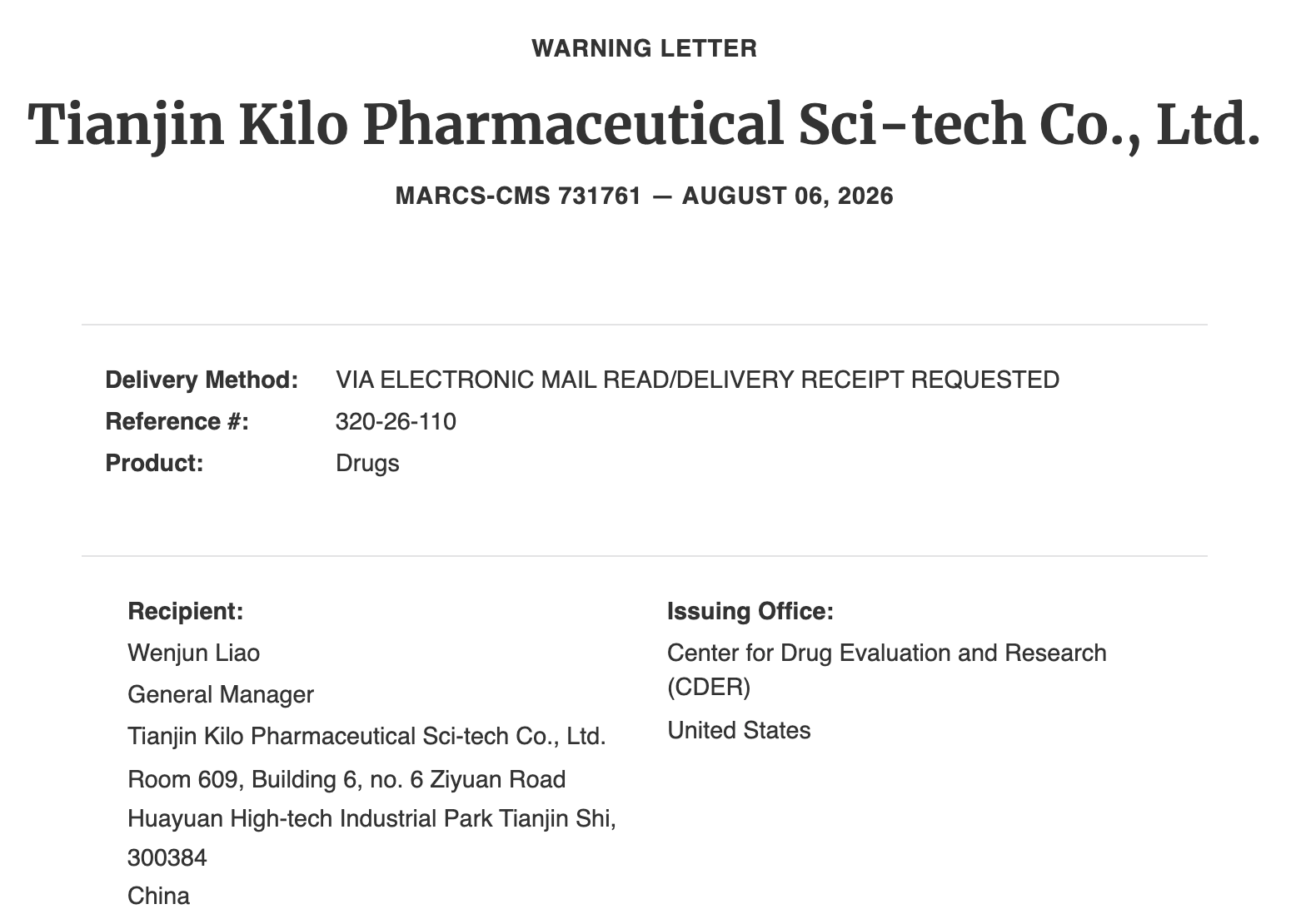 Tianjin Kilo Pharmaceutical Sci-tech Co. warning letter